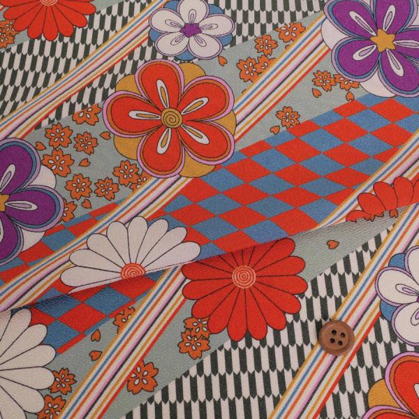 ポリちりめん生地 斜め市松に花(浅緑) 10cm単位 切り売り