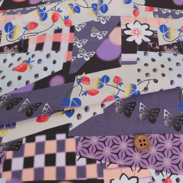 ポリちりめん生地 ガーデンパーティー(紫/黒) 10cm単位 切り売り