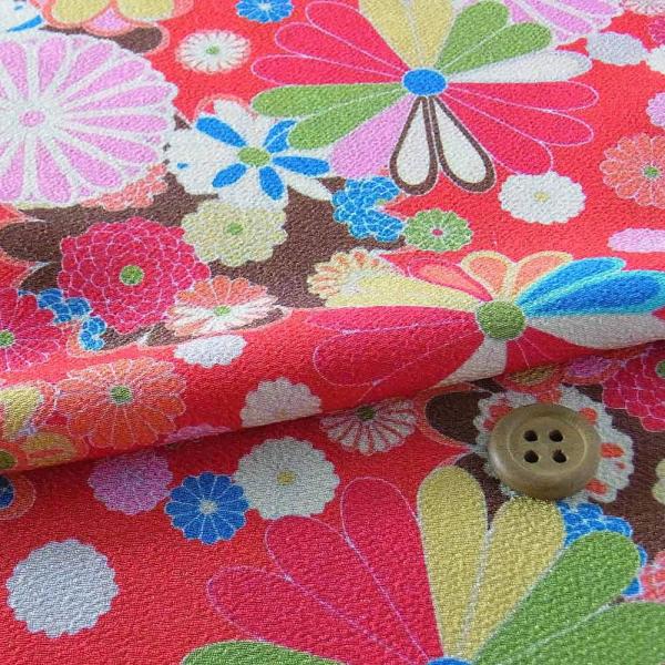 ポリちりめん生地・大菊小菊(赤) 10cm単位 切り売り