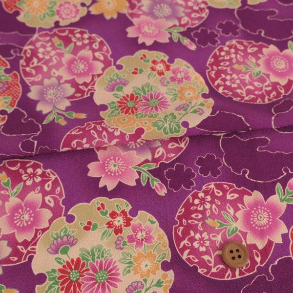 ポリちりめん生地 花雪輪に桜(紫) 10cm単位 切り売り