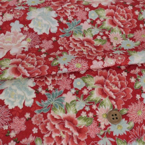 ポリジャガードちりめん生地 牡丹づくし(赤)10cm単位 切り売り