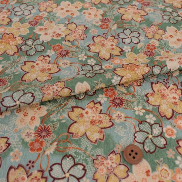 ポリジャガードちりめん生地 さくら(青緑)10cm単位 切り売り