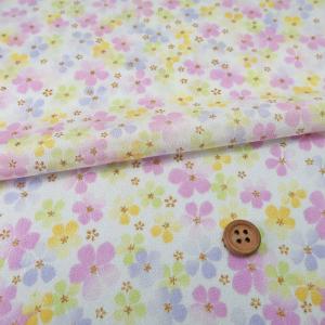 一越ちりめん生地 ふうわり花(白/藤色) 10cm単位 切り売り