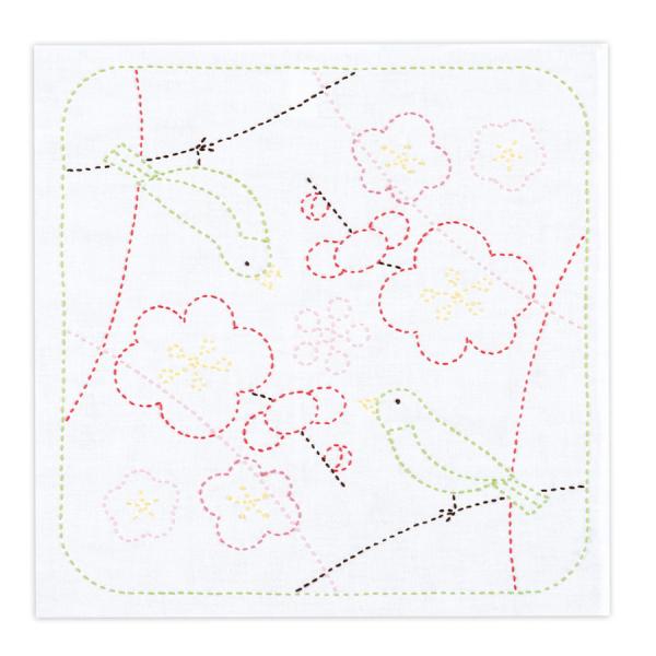 刺し子キット 花ふきん 梅とうぐいす(白)