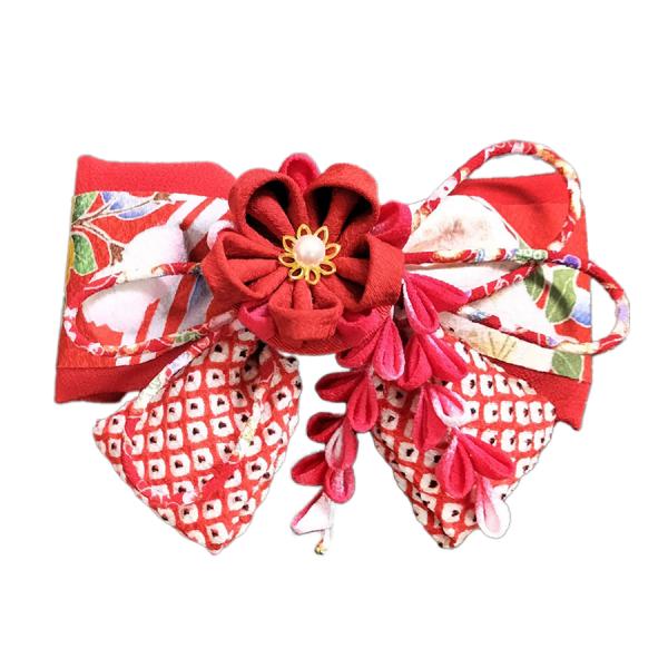 髪飾り手作りキット 正絹京友禅 花と下り藤のりぼん(赤系)