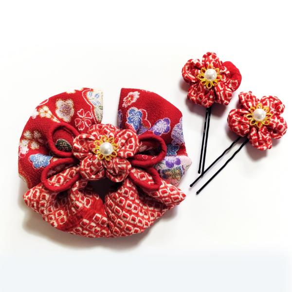 髪飾り手作りキット 正絹京友禅 はいからリボンとお細工花ピンのセット
