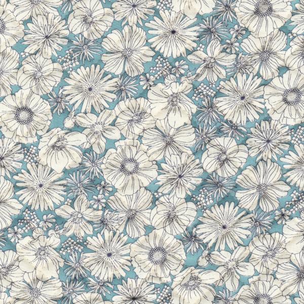 キルティング アンティーク フラワー 小マス目 全針 サックスブルー系地 3色 1m単位 生地 布 ...