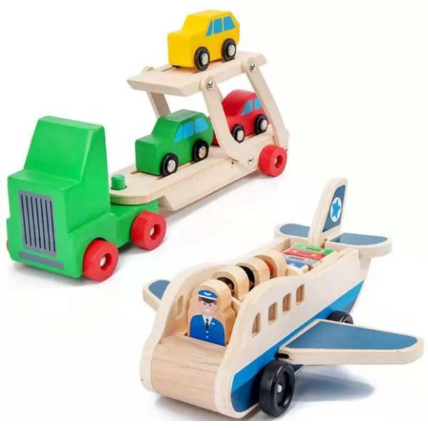 木製車 木製おもちゃ 知育玩具 汽車 トラック キャリアカー キッズ 男の子おもちゃ 飛行機 3台の...