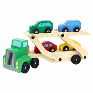 木製車 木製おもちゃ 知育玩具 汽車 トラック キャリアカー キッズ 男の子おもちゃ 4台の車を運んで積み降ろし ミニカー カラフルキャリアカー 二重＆折りたたみ