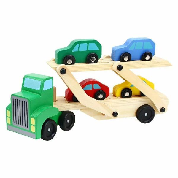 木製車 木製おもちゃ 知育玩具 汽車 トラック キャリアカー キッズ 男の子おもちゃ 4台の車を運ん...