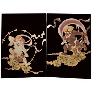 屏風 新築祝い 開店祝い 二枚びょうぶ 衝立 黒塗り 桜富士 会津漆器