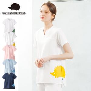 医療 ナース 看護 白衣 ユニフォーム 半袖 女性 レディース 介護 ケア かわいい ハリネズミ 白 スカンジナビアンフォレスト スクラブジャケット