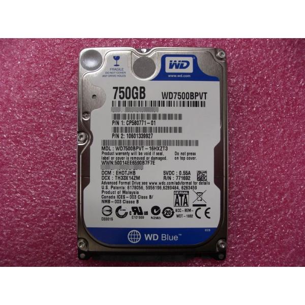 中古・ほとんど未使用・2.5インチHDD 750GB SATA WD Blue WD7500BPVT...