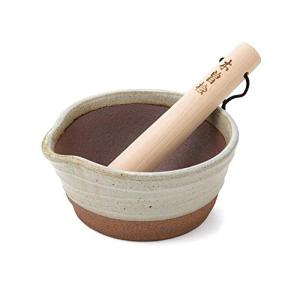 萬古焼 溝のないすり鉢 (半白) 小 国産すりこ木付き