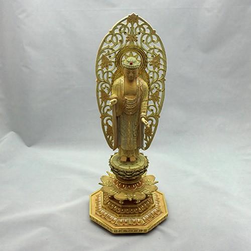 仏像（浄土宗）　総柘植　淡彩色　八角台　唐草光背　金泥書　舟立弥陀　６．０