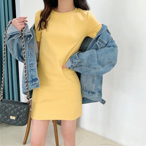 ミニワンピース　無地ワンピース　半袖 サマーワンピース ラウンドネック ミドル丈　イエロー　黄色