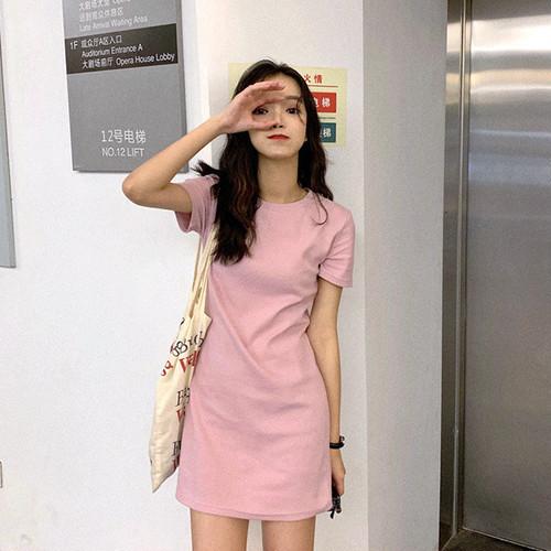 ミニワンピース　無地ワンピース　半袖 サマーワンピース ラウンドネック ミドル丈　ピンク　桃色