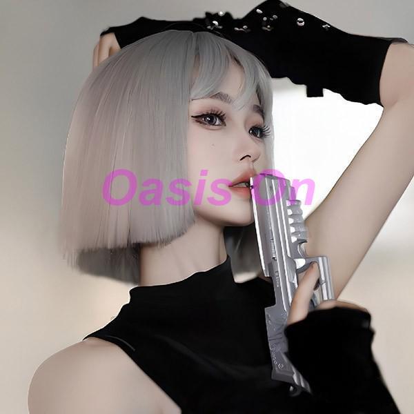 ウィッグ フルウィッグ ホワイトグレー 白灰色 ショート レディース  ふんわり前髪 切りっぱなしボ...