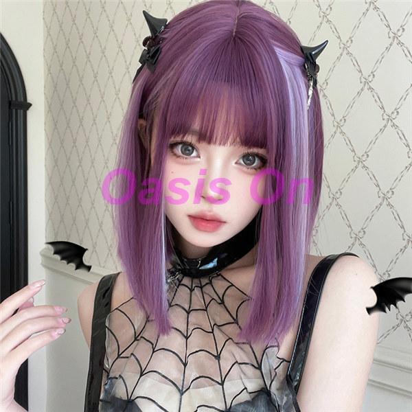 フルウィッグ パープル メッシュ ショート レディース  ふんわり前髪 前髪あり 原宿風 かつら ぱ...