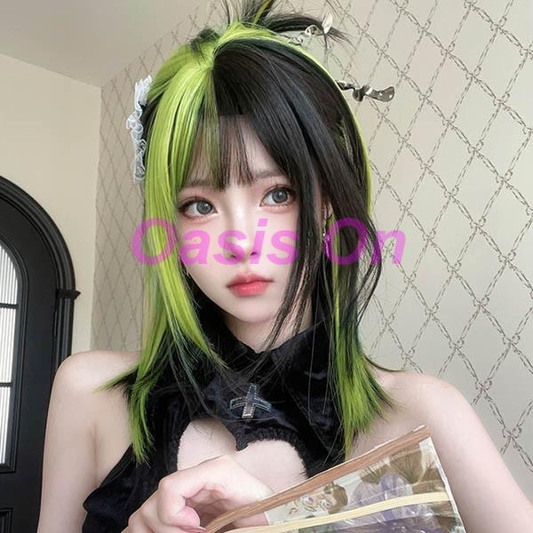 ウィッグ レディース フルウィッグ ミディアムウィッグ メッシュ ストレート 緑 ぱっつん前髪 前髪...