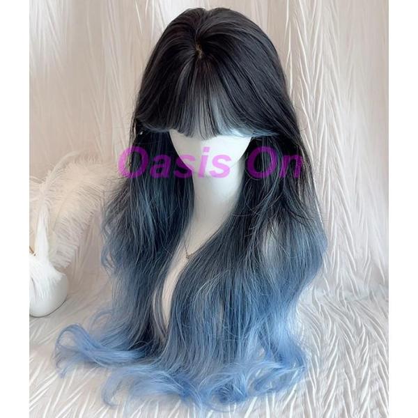 ウィッグ フルウィッグ 長髪  ブラック×ブルー ロング 巻き髪  ロングウィッグ  原宿風 かつら...