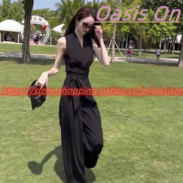 オールインワン オールインワンワインパンツ レディース ワインパンツ ロング丈 Vネック ドレス ノ...