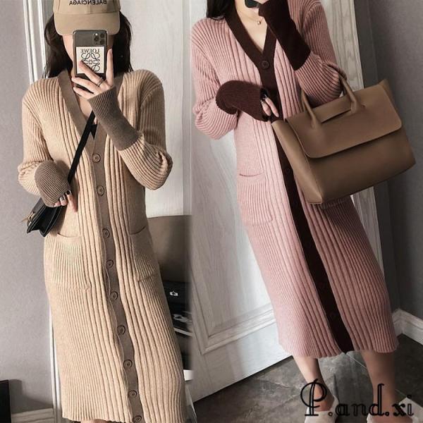 ニットワンピース レディース 秋冬 膝丈 ワンピース  厚手 プリーツ きれいめ 配色  ワンピース...