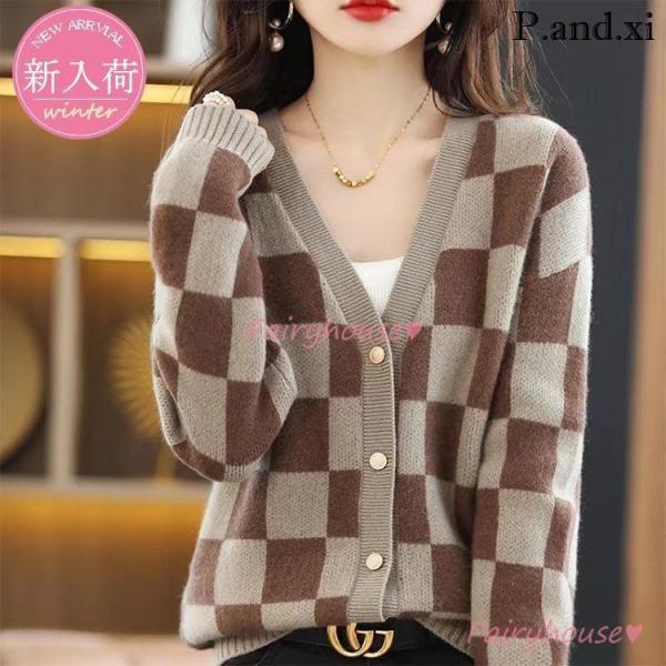 ニットカーディガン レディース 秋冬 40代 長袖 ニットトップス 配色 カーディガン セーター ゆ...