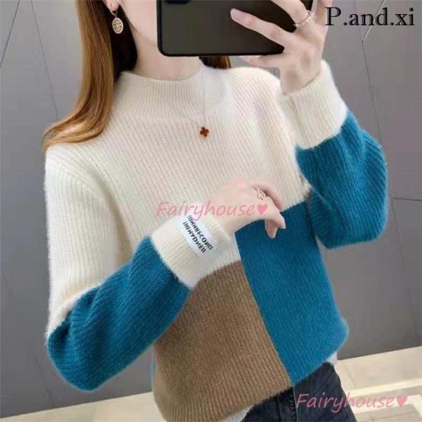 ニットトップス レディース 秋冬 40代 長袖セーター 配色 ハイネック ショット丈 セーター 厚手...