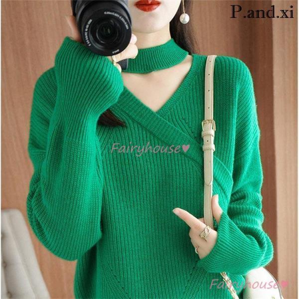 ニットトップス レディース 秋冬 40代 長袖 Vネック ニットトップス 無地 セーター ショット丈...