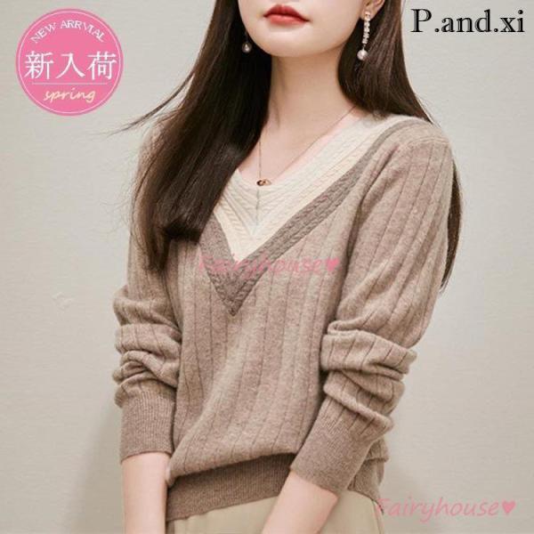 ニットトップス レディース春秋 40代 長袖 ニットトップス 無地 配色 セーター ショット丈ニット...