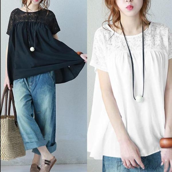 ブラウス レディース 半袖 クルーネック オーバーブラウス レース ロングブラウス 夏 プルオーバー...
