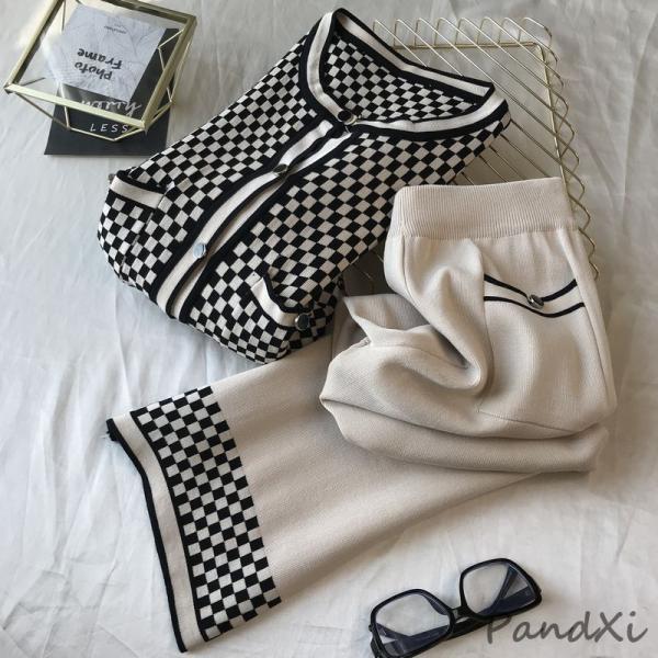 ニットセットアップ レディース 40代 秋冬 長袖 ニットカーディガン チェック柄 ワイドパンツ ニ...