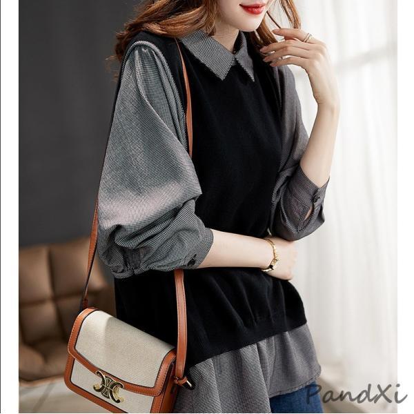 ワンピース レディース きれいめ 秋冬 膝丈ワンピース 2点セット 長袖 シャツワンピ ニットベスト...