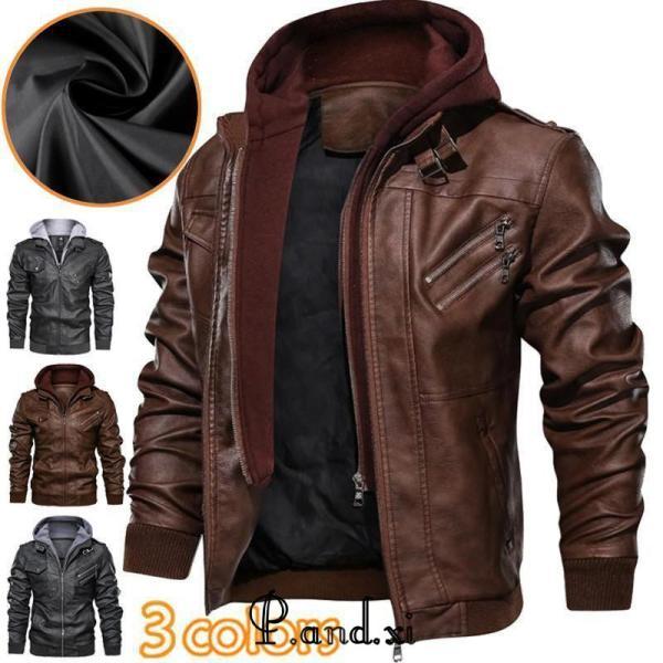 レザーパーカー メンズ フード付き シンプル レザー ライダース 革ジャン フェイクレザー シングル...