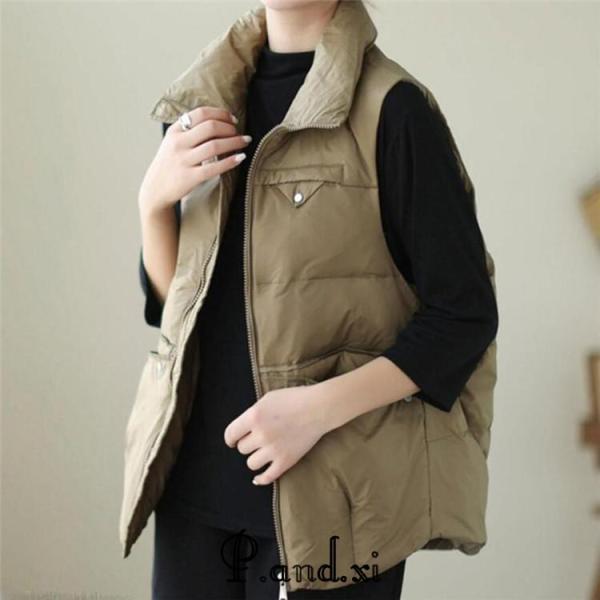 中綿ダウンベスト レディース ベスト 前開 ダウン 冬 アウター 防寒着 婦人服 暖かい 立て襟