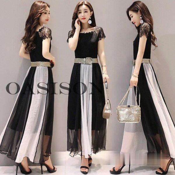 マキシ丈ワンピース ワンピース レディース 夏 きれいめ 韓国風 シフォン 半袖 ロング丈 オシャレ...