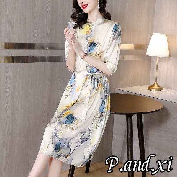 ワンピース レディース 春 夏 膝丈ワンピース 5分袖丈 40代 50代 30代 aライン 総柄  ...