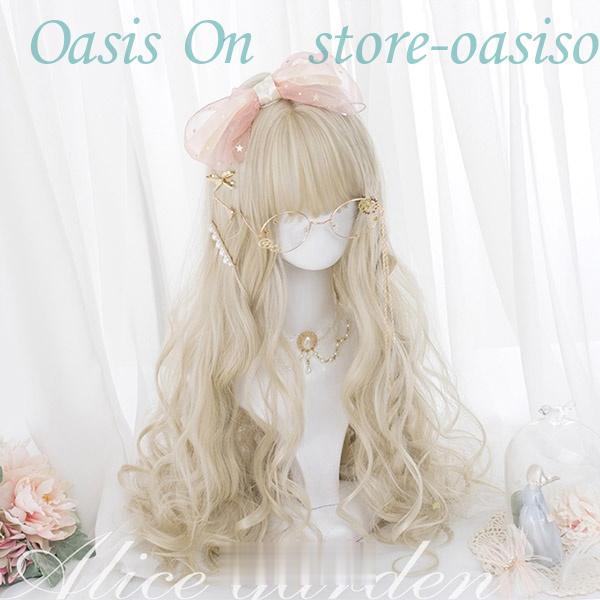 ウィッグ  原宿風 ロングウィッグ 巻き毛 ぱっつん前髪 前髪あり 金髪 ゴールド コスプレウィッグ...