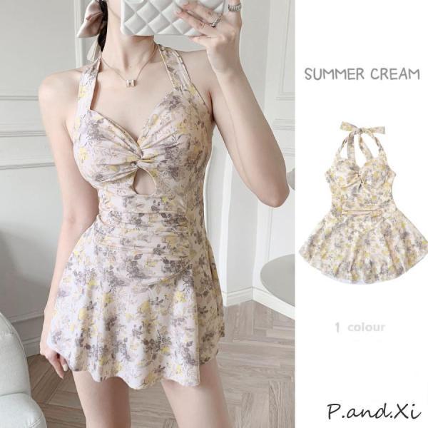 可愛い花柄ワンピース 水着2点セット 海 ピーチ  温泉 レースアップ水着 レディース 体型カバー ...