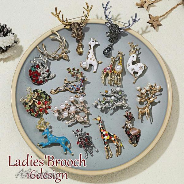 ブローチ ピンブローチ アクセサリー レディース ラインストーン ビーズ パール調 キリン トナカイ...