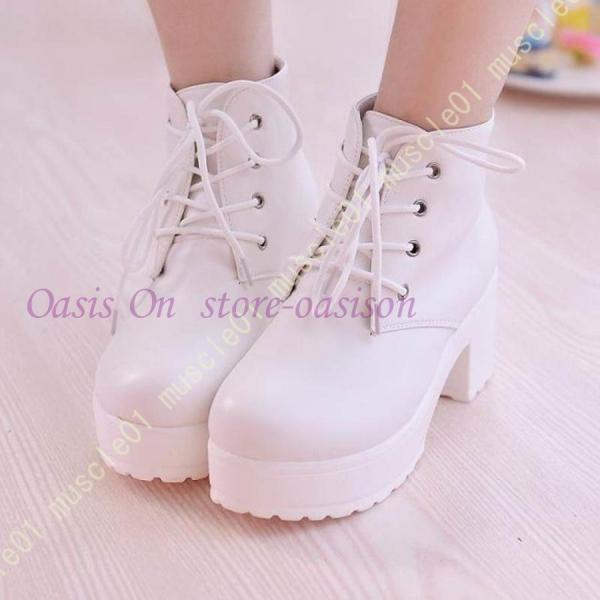 ショートブーツ 厚底 大きいサイズ 太ヒール レースアップ レディース ブーツ 軽量 COSPLAY...