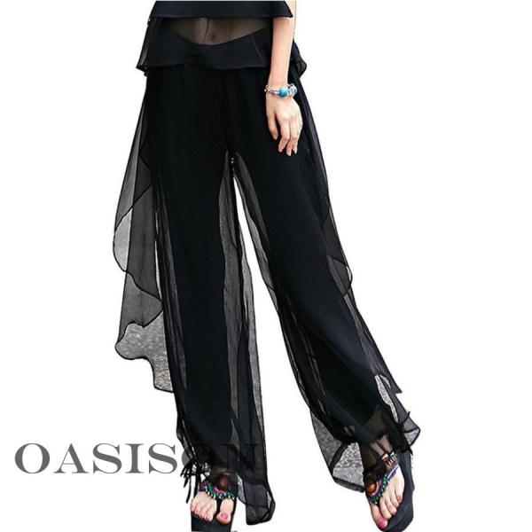 レディース フレア ウエスト ゴム ガウチョ スカーチョ リゾート  着回し シフォン ゆったり ロ...