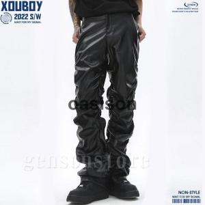 モード系 レザー ワイドパンツ メンズ エナメル 光沢感 スラックス