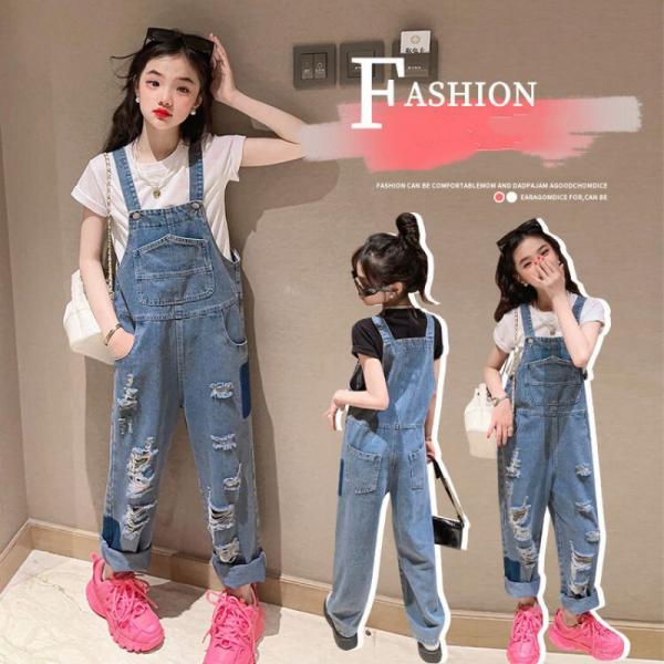 デニム サロペット オーバーオール キッズ ジュニア 子供服 ダメージ加工 女の子 つなぎ オールイ...