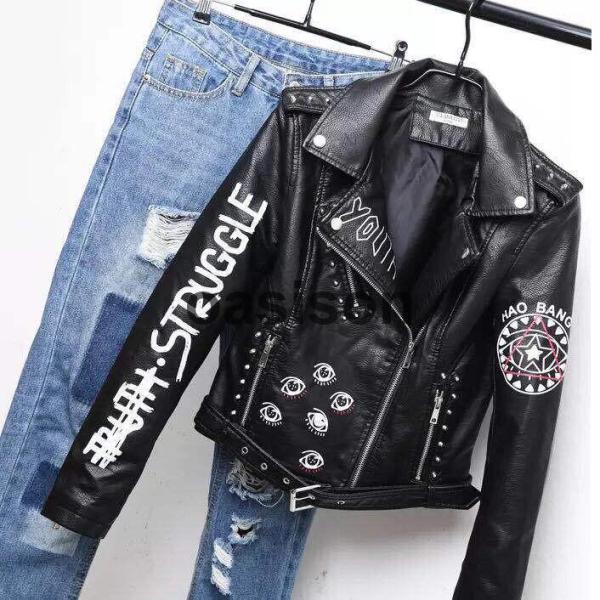 プリント リベット ライダースジャケット ロック パンク ファッション HIPHOP 秋冬レザージャ...