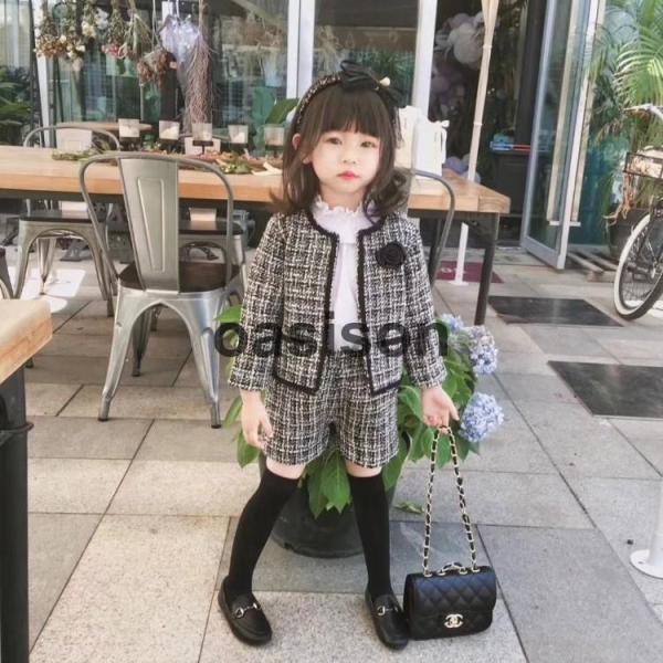 ツイード風ジャケット ショートパンツ2点セット セットアップ韓国子供服 チェック柄 スーツ フォーマ...