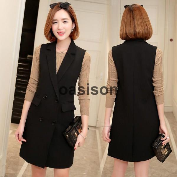 スーツベスト レディース 春秋 ロングベスト ジレベスト 無地フォーマル チョッキ ノースリーブ 着...