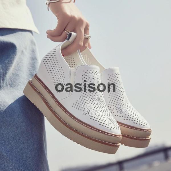 インヒール スリッポン レディース 厚底スニーカー カジュアル 運動靴 ローカット レザー靴 メッシ...