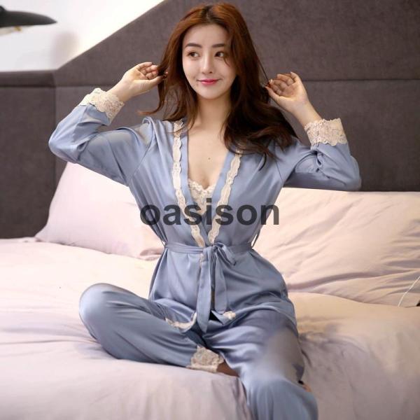 絹パジャマ  レース Vネック 上下セット レディース ルームウェア 春夏 前開き パジャマ 長袖ガ...